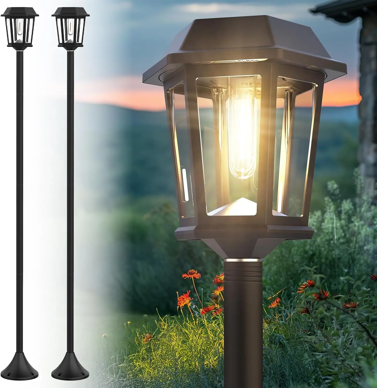 

2 Pack 61' Solar Post Lights, Waterproof Outdoor Garden Backyard Stainless Steel, 3000K Warm White Auto On/Off