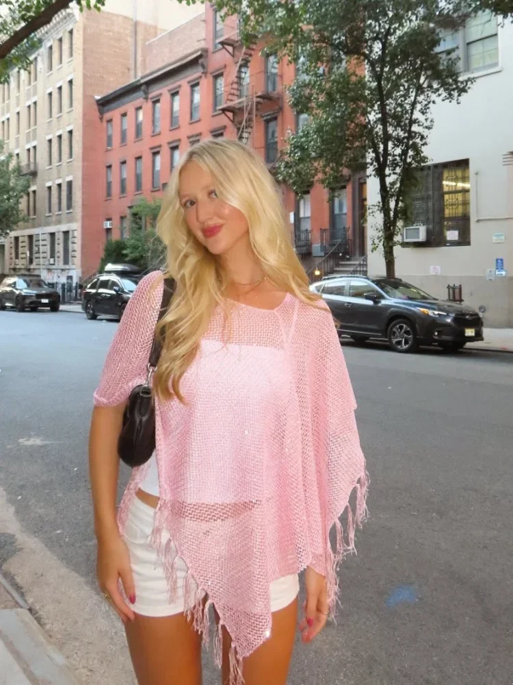 

See-through Summer Pink New Cropped Blouse Woman Shawl Long Sleeve Trend Top 2025 Lady Street Style Lightweight Commuting Wear