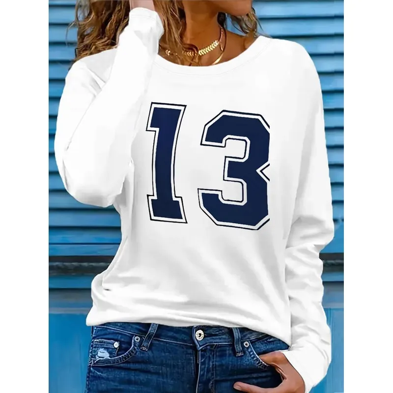 Womens Number 13 Graphic Tee Vintage Varsity Letter Print Long Sleeve Shirts