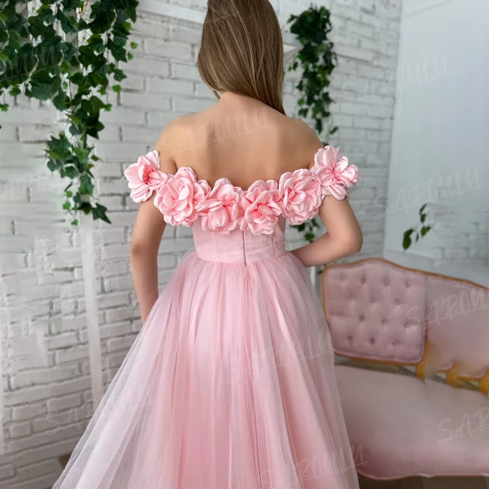 Pink 3D Flower A-line Prom Gown Wedding Dress Off The Shoulder High Slit Bridal Robe for Bride To Be Wed Party Evening Dress