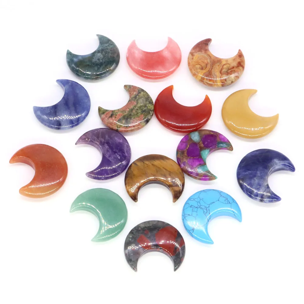 30mm Moon Shape Natural Crystal Reiki Healing Stones Mascot Meditation Home Decor DIY Necklace Pendants Jewelry Gift Accessories