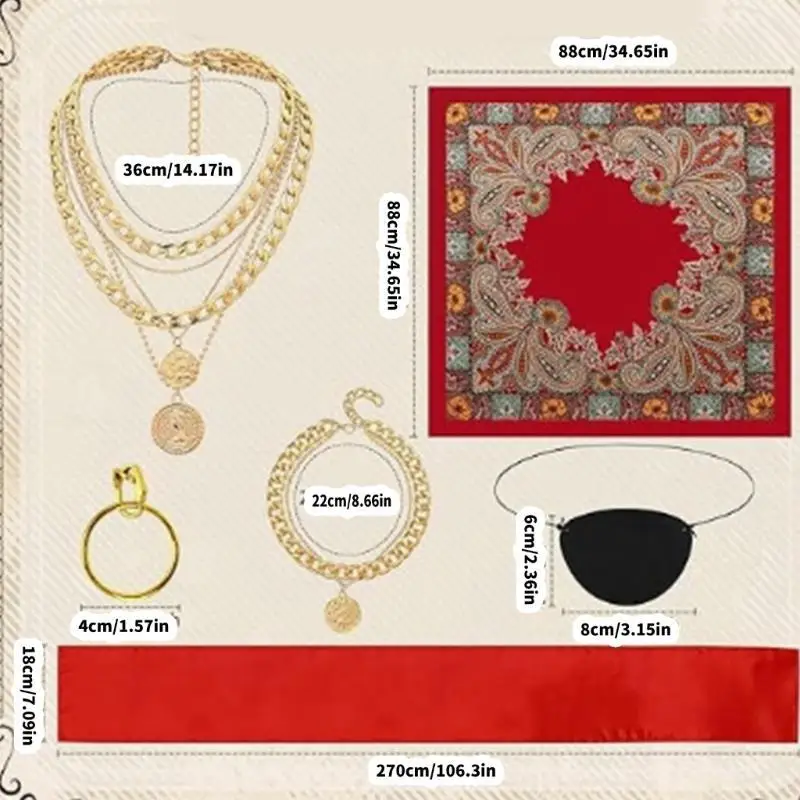 652F Piraten-Cosplay-Zubehör mit Kopftuch, Augenklappen, Ohrringen, Halskette, Armband, Hüfttuch für Damen und Herren,