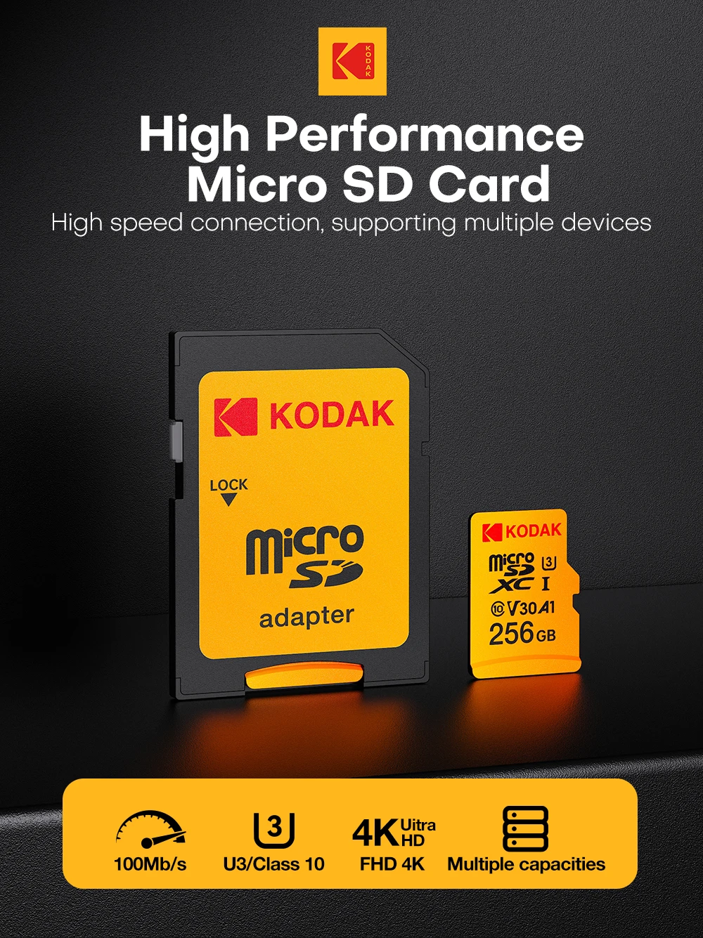 Kodak Original ​ ​ Micro SD Karte U3 Klasse 10 Hochgeschwindigkeits-Speicherkarte bis zu 100MB/s TF-Speicherkarte mit Adapter - Erhältlich in 32GB, 64GB, 128GB – Detail 1