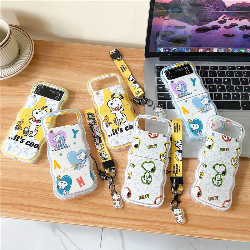 Cute Cartoon Peanuts Snoopy Phone Case For Samsung Galaxy Z Flip 7 6 5 Soft TPU Back Cover For Z Flip 3 4 With lanyard