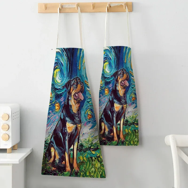 Oil Painting Style Apron Starry Sky Background Dog Creative Cotton Linen Parent-child Apron Kitchen Household