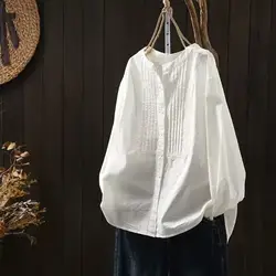 100% Cotton white black women elegant shirts fall clothes 2025 women Korean fashion long sleeve tops ladies pleated shirts