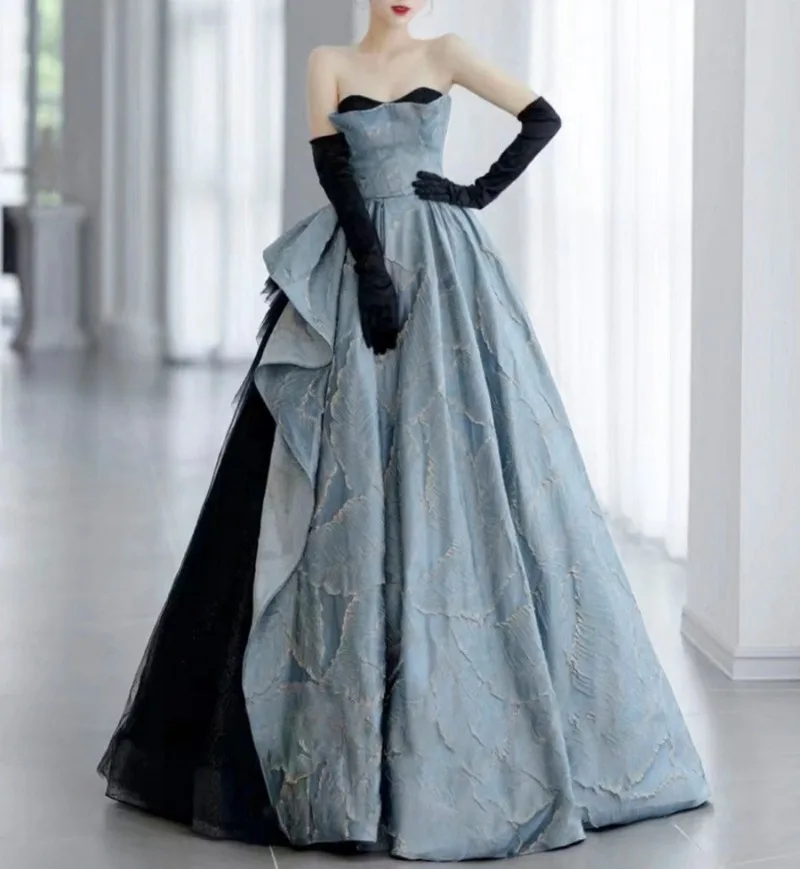 Elegant Strapless Mal Evening Dress Sweet Ruffles Performance Ball Gown Patchwork Mesh Prom Party Customized Luxury Vestido