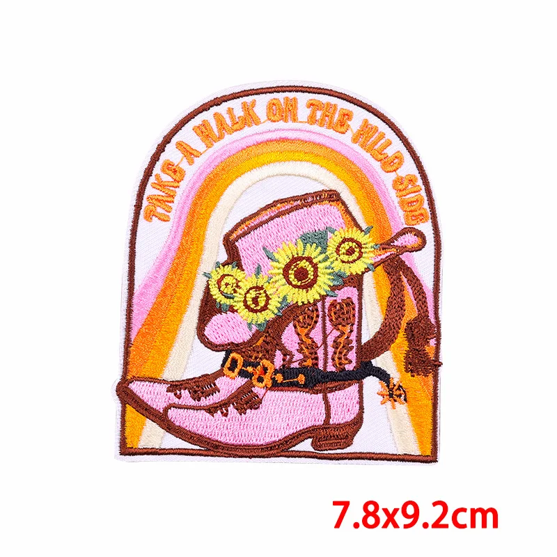 Emblem American Landscape Embroidered Cloth Stickers Cartoon Flowers DIY Iron Western Cowboy Clothing Patches