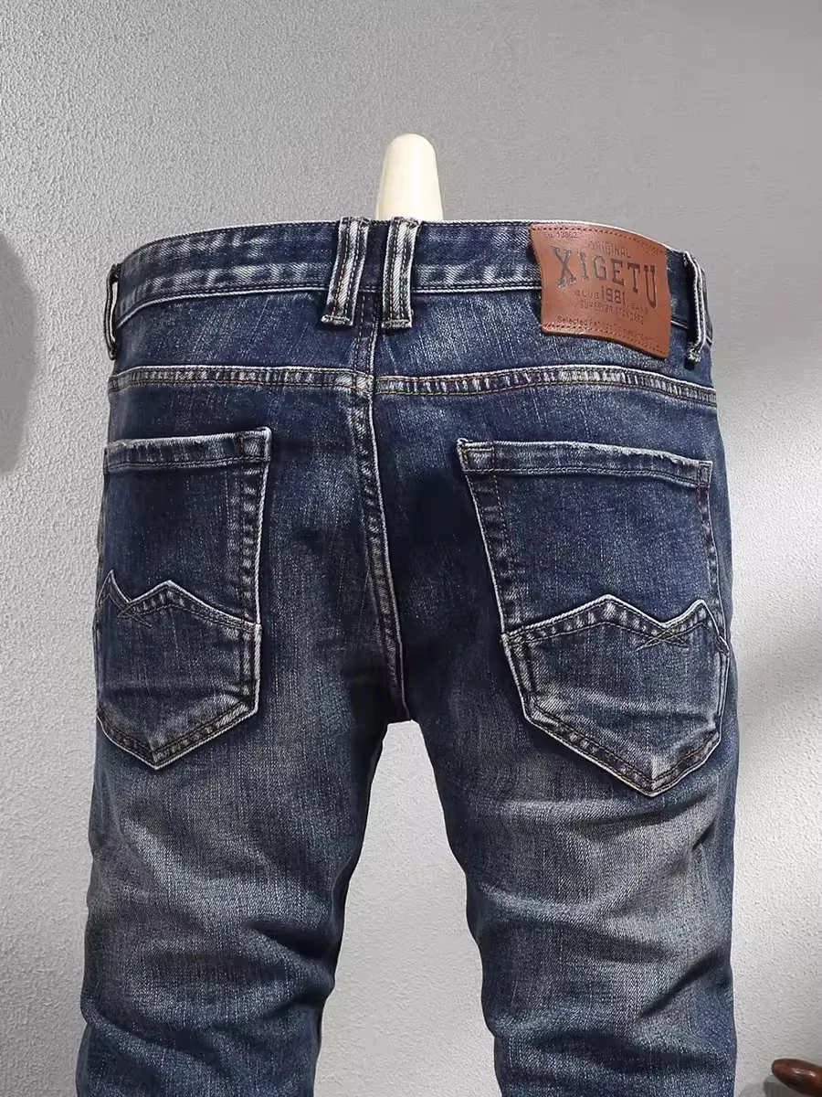 Fashion Vintage Men Jeans High Quality Retro Washed Blue Elastic Slim Fit Ripped Jeans Men Casual Designer Denim Pants Hombre