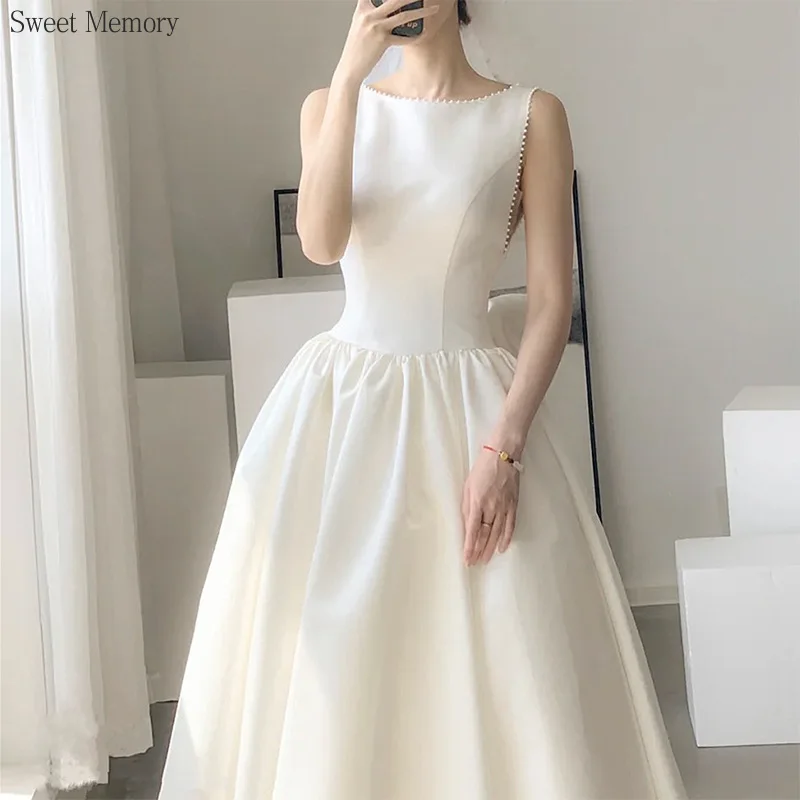 M6118 Customized Luxury White Dress Sweet Memory Princess Robe A-Line O-Neck Sleeveless Satin Backless Wedding Dresses With Bow