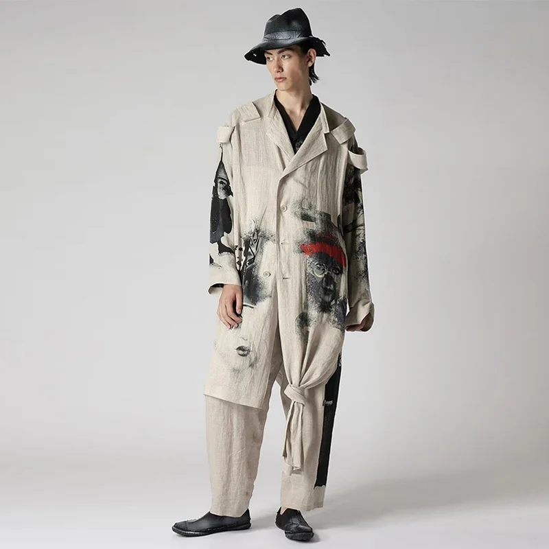 YOJI OOAK معطف سترة متأرجح غير متماثل بنمط مطبوع أصلي داكن وشارة كتف ومعطف بعقدة من القنب #2