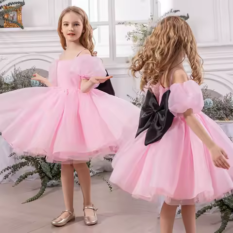 Pink Princess Tutu Dress Birthday Party Off Shoulder Flower Girls Wedding Dress Children Clothing 4-8Y Kids Ball Gown Evening