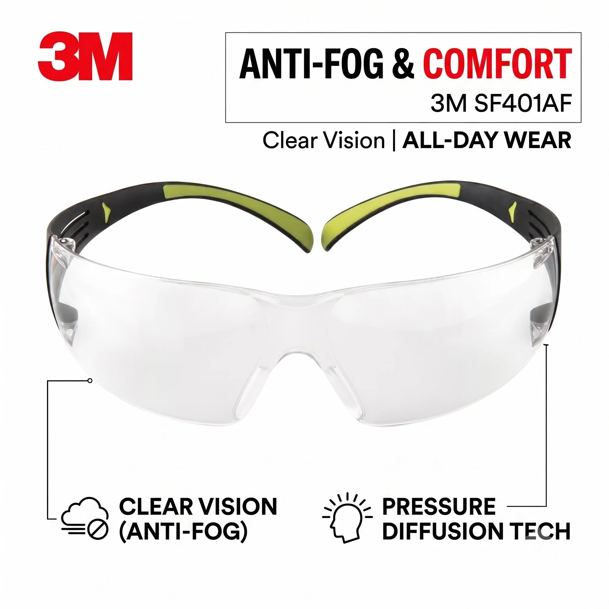 

3M SF401AF Protective Safety Glasses Clear Anti-Fog Eyewear High Impact Resistant Goggles for Industrial Work Cycling DIY