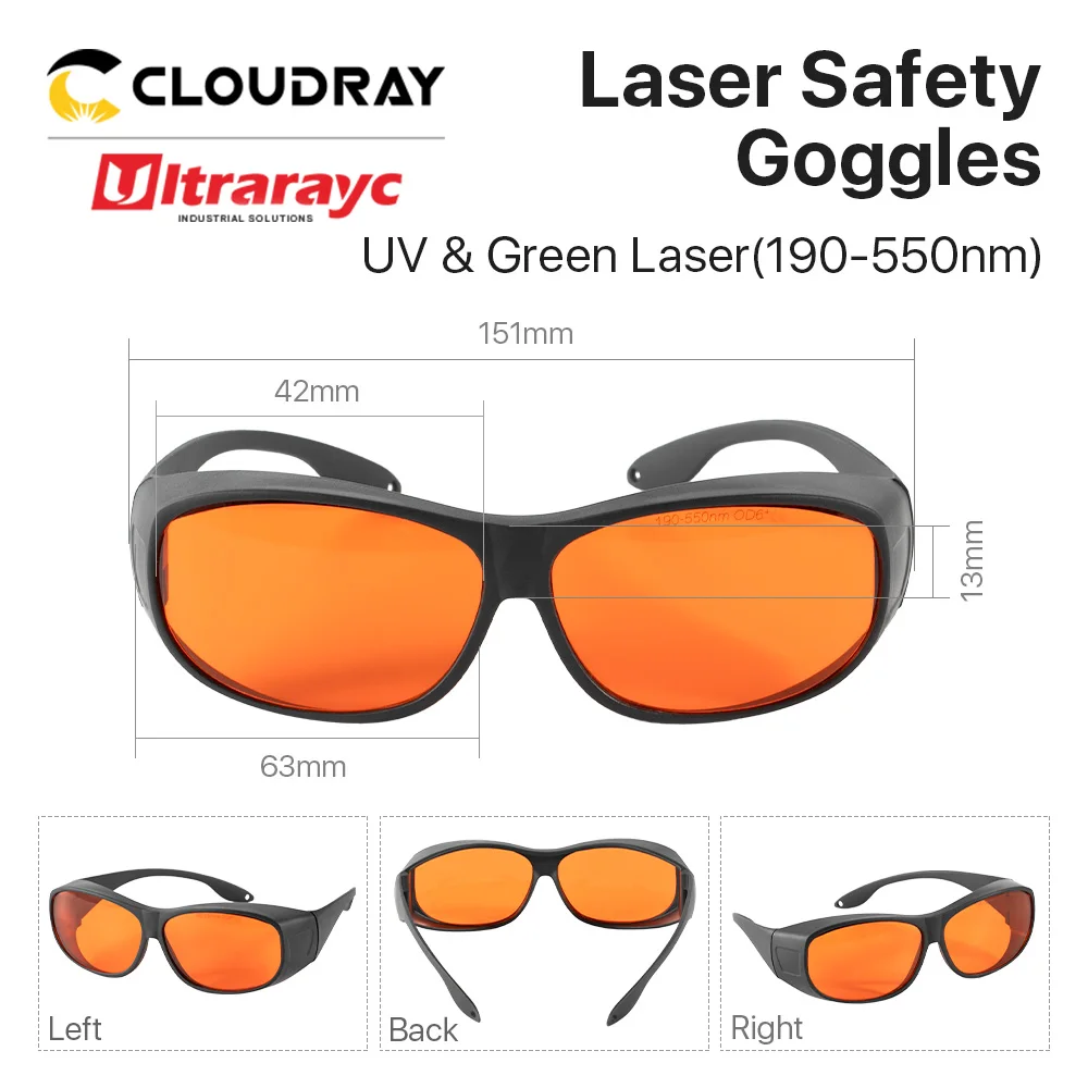 Ultrarayc Laser Óculos de segurança, óculos de proteção para UV e máquina laser verde, OD6 + CE, 190-550nm