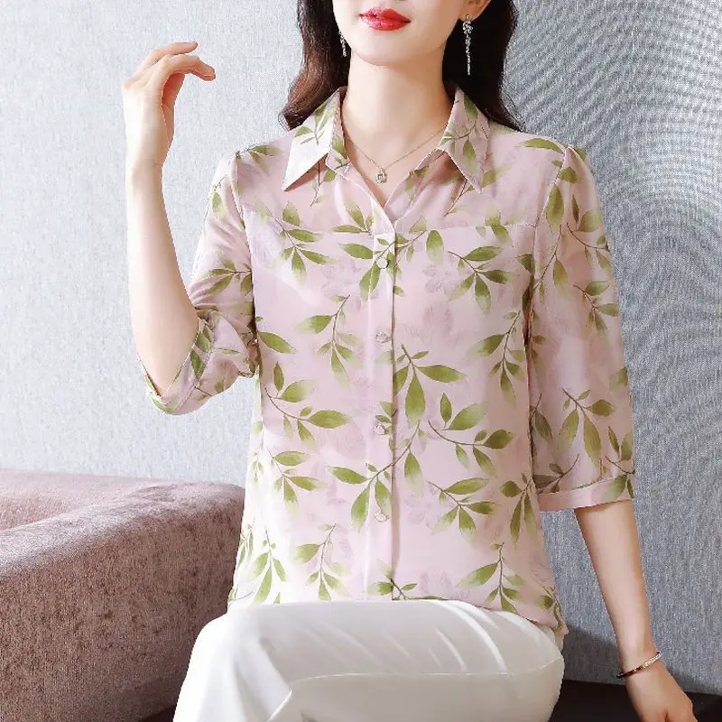 2024 New Summer Office Lady Loose Casual Retro Chinese Style Women's Shirt Button Print Chiffon V Neck 3/4 Sleeve Y2K Chic Tops