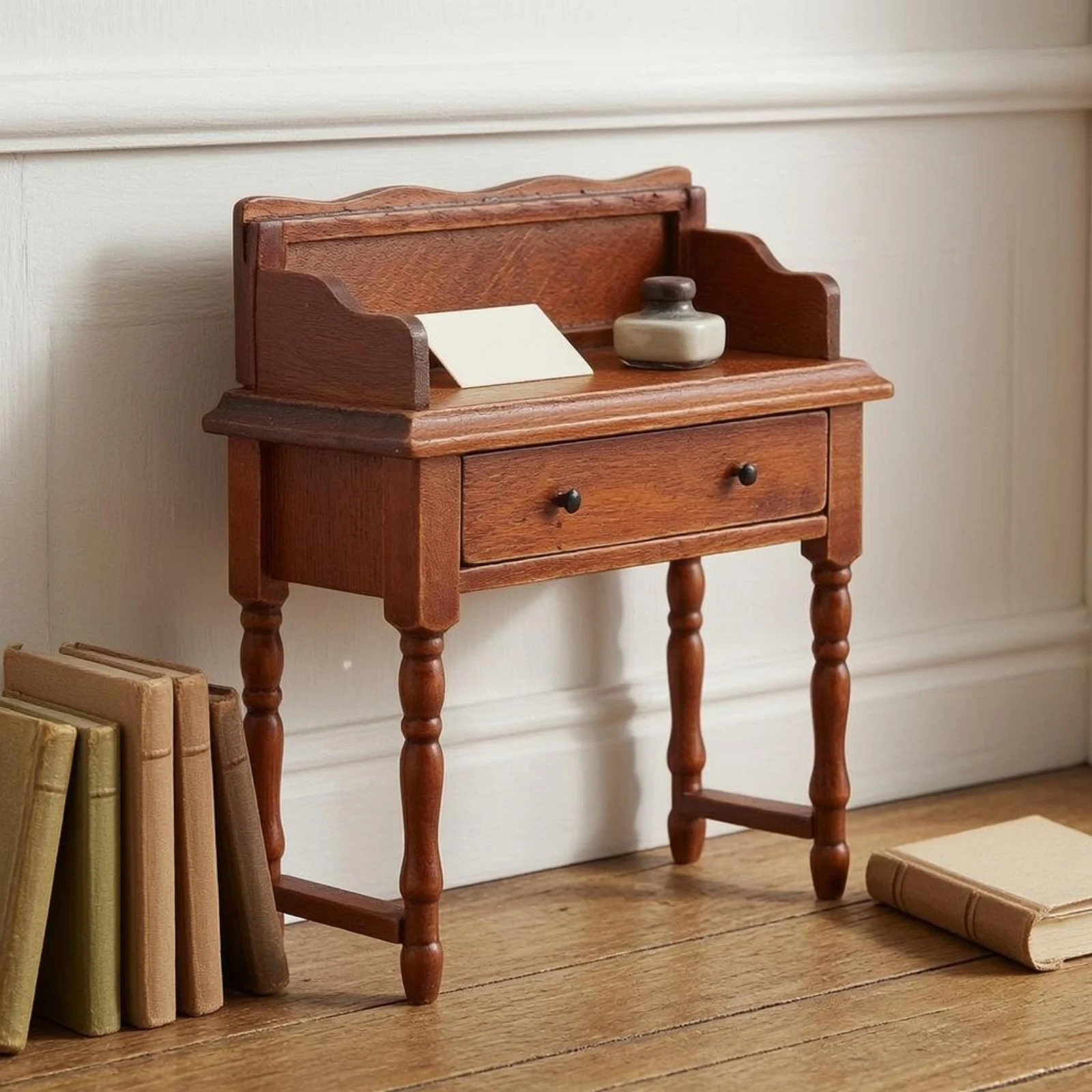 Wooden Dollhouse Desk Raised Back Panel European-Style Miniature Desk Turned Legs for Dollhouses, Doll Scenes