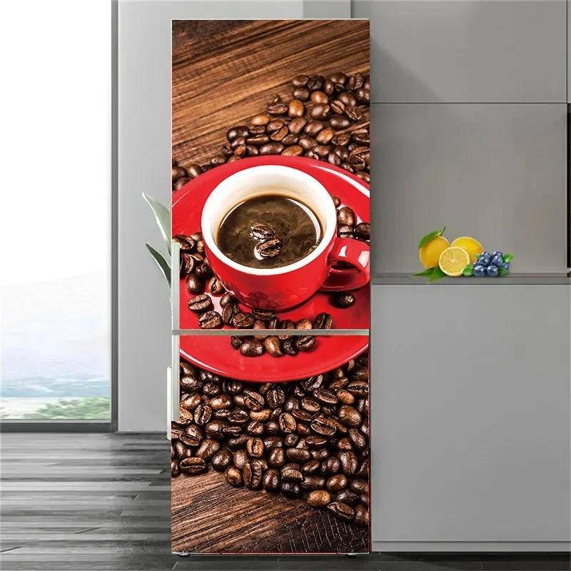 Customizable Size Strawberry Cup Coffee Beans Sticker Fruit Poster Wall Sticker 3D Mural PVC Kitchen Refrigerator Sticker