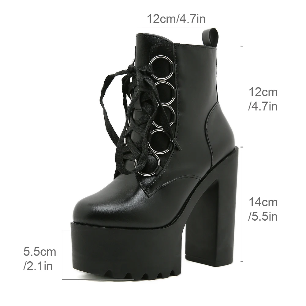 Gdgydh Solid Color Block Heeled Boots for Women Fashion Lace Up Side Zipper Ankle Boots Platform Goth Shoes Metal Decor