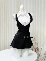 Preppy Style Sweet Hot Girl Suits Women Sleeveless Backless Shirt Shoulder Strap A-line Dress Summer Fashion Two-piece Set New