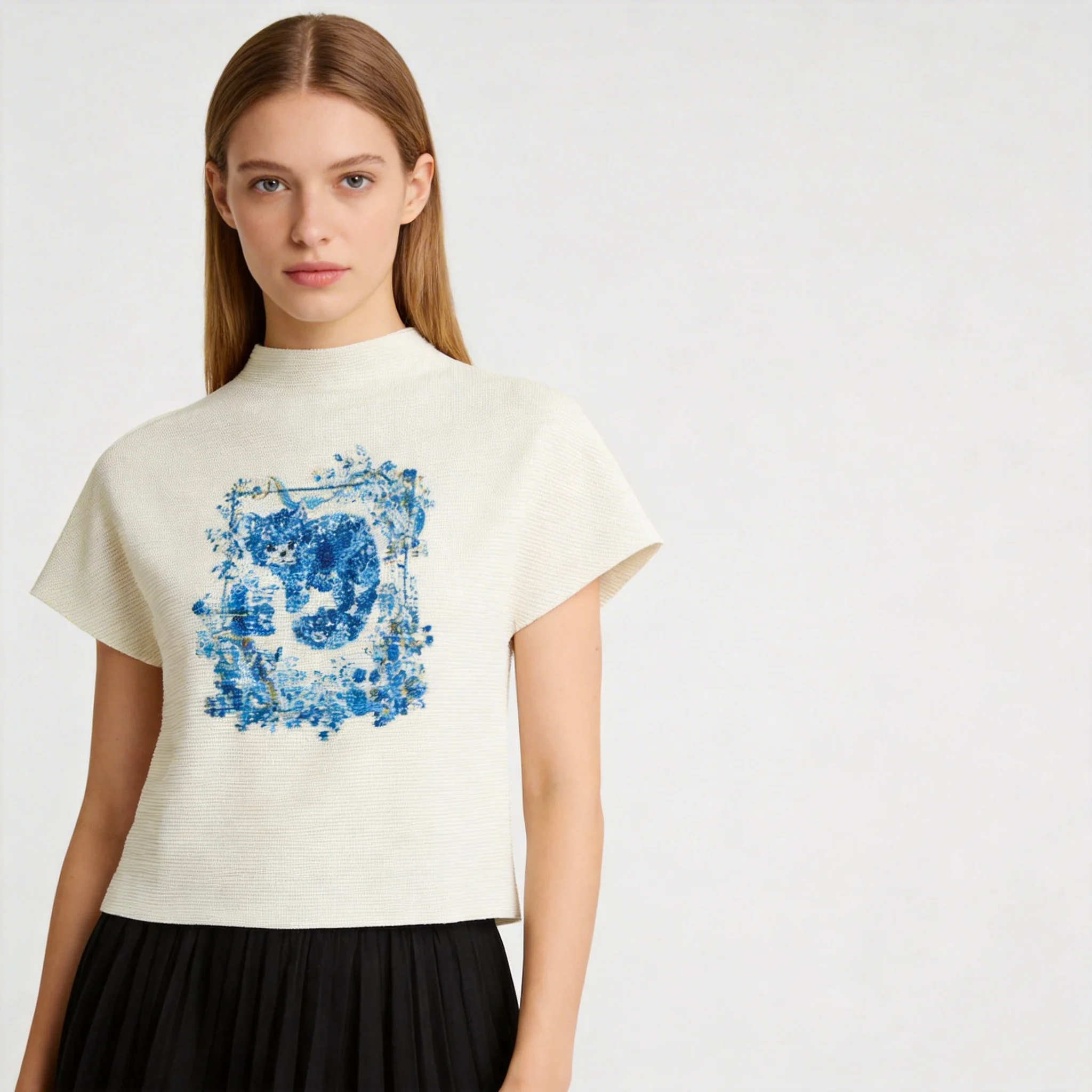 

Miyake style high-end corn grain pleated printed T-shirt for women high elastic slim fit versatile stand-up collar top for women