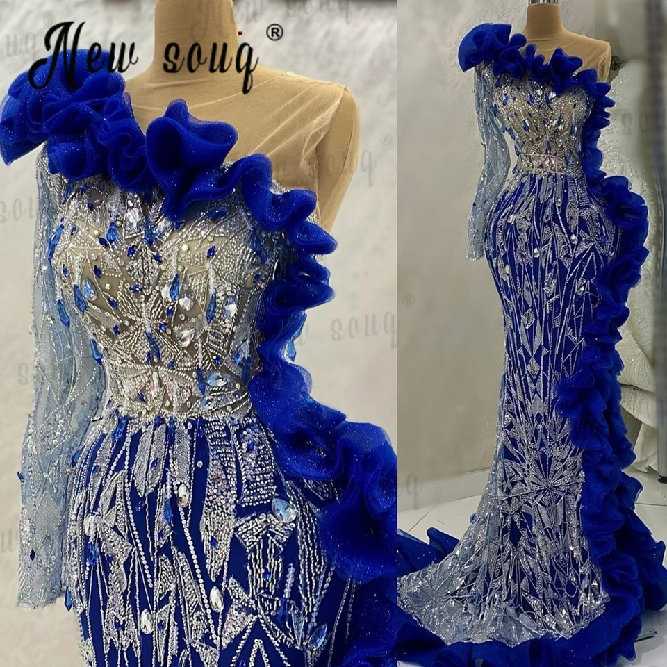 Sparkly Silver Beaded Royal Blue Evening Dress With Side Ruffles Elegant  Single Sleeve Mermaid Wedding Party Gowns Vestido De - AliExpress 320