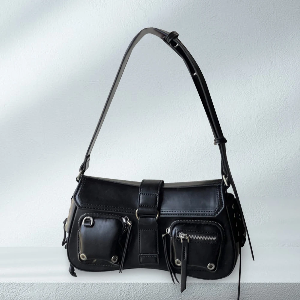 

Women Punk Shoulder Bag PU Leather Retro Hobo Bag Multipocket Y2K Adjustable Strap Female Commute Daily Bag