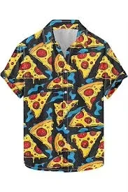 Funny Cartoon Shark Pepperoni Pizza Sea Splash Pattern Unisex Short Sleeve Blouse Camp Collar Vacation Shirt