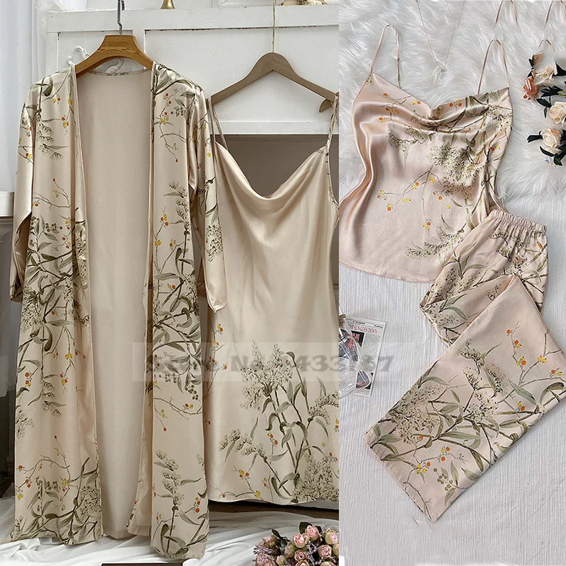 Spring Summer Female Pajama Four Piece Set Trouser Suits Print Flower Satin Kimono Bathrobe Gown Sleepwear Loose Casual Homewear