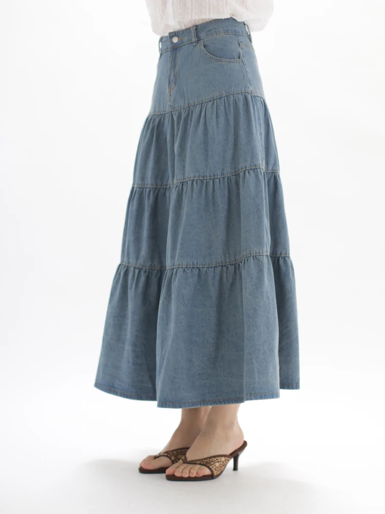 

Винтажная плиссированная юбка-кейк Ohmyloli Waed с пэчворком, джинсовая, с высокой талией, на все сезоны, ретро, А-силуэт, длинная