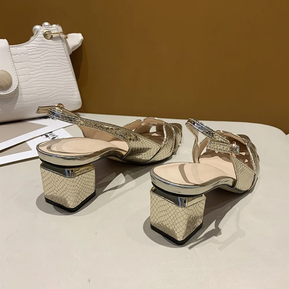 Summer New Fashion High Heel Shoes Women Leather Pointed Toed Gold Lady Thick Heeled Sandals Female Wedding Bridal Shoes