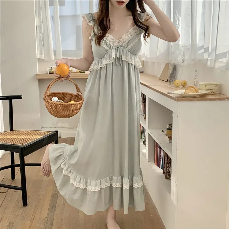 Korean Cute Princess Lace Summer Nightgown Spaghetti Strap Ruffles Long Sleepdress Home Wear Women Nightdress Green Cotton S207