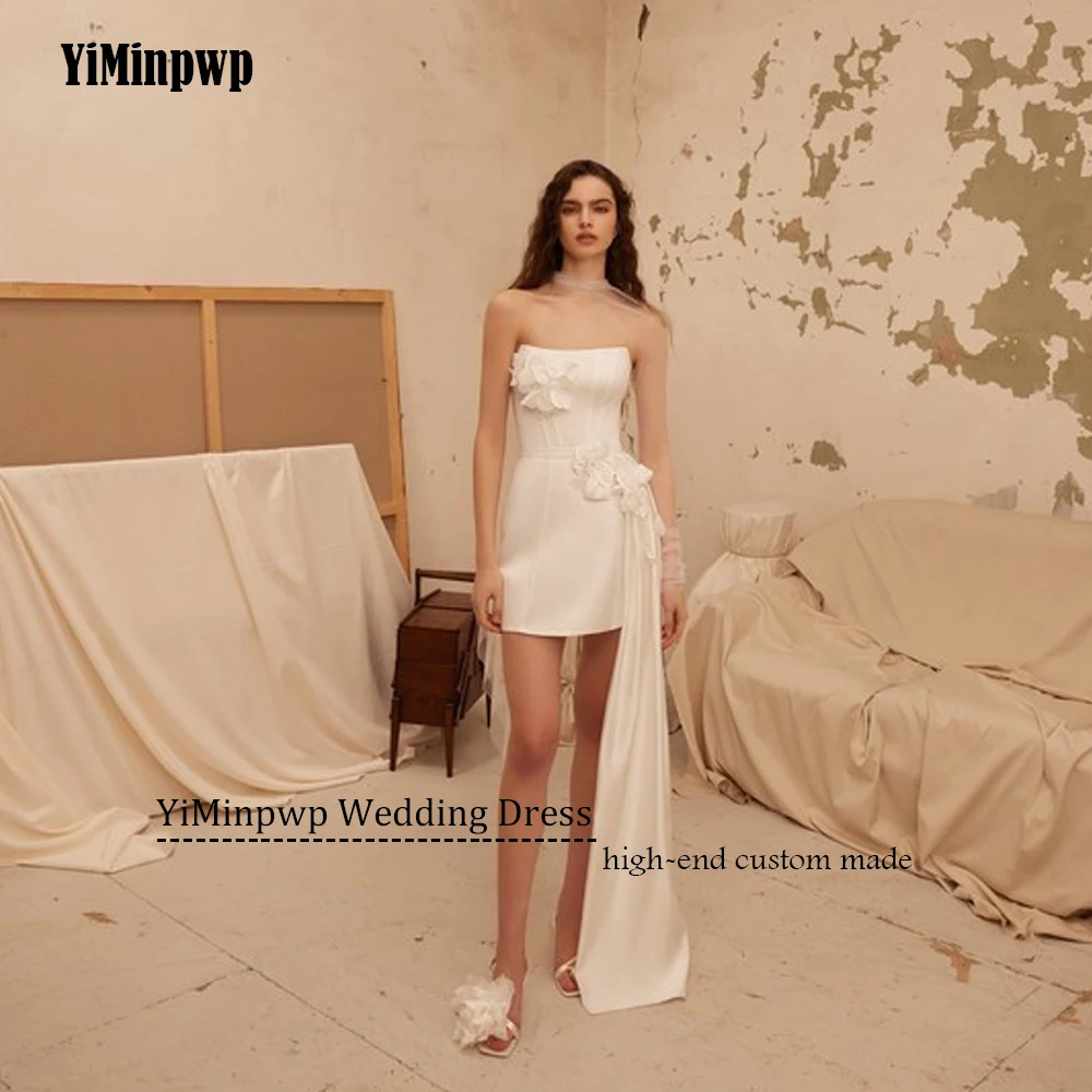 ชุดแต่งงานผ้าซาตินสีงาช้างแบบมินิ ปี 2025 สำหรับผู้หญิง ทรงตรงเหนือเข่า ดีไซน์หรูหรา ประดับดอกไม้ พร้อมชายกระโปรงยาว ผูกเชือกด้านหลัง สามารถสั่งตัดได้