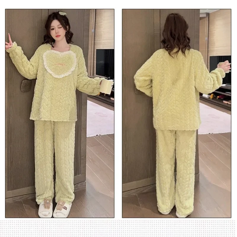 Plus Size 5XL Women Winter Warm Coral Fleece Pajamas Sets Long Sleeve Top Pants Suit Sleepwear Soft Flannel Home Clothes Outwear