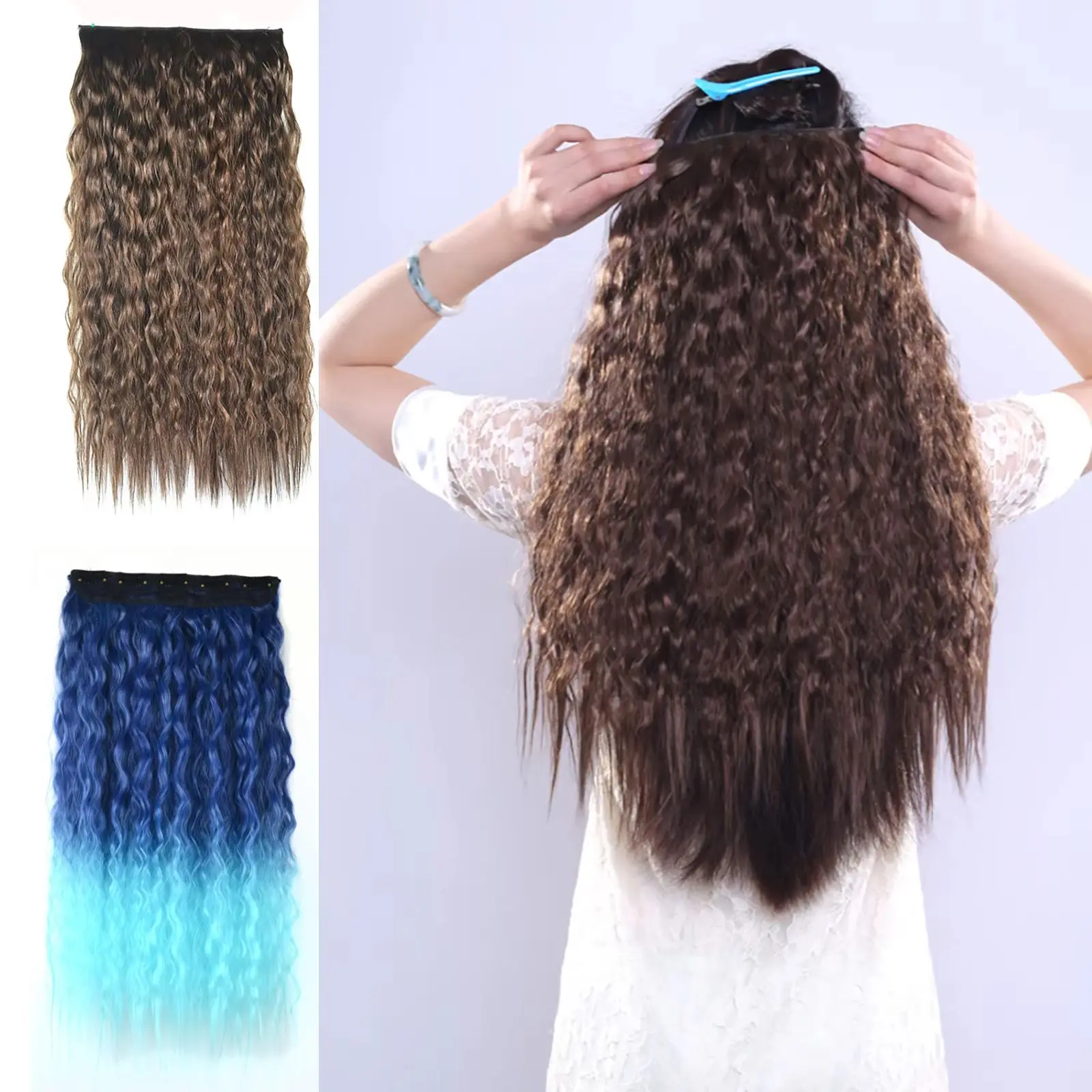 

Jeedou Kinky Curly Hair Clip in Hair Extension One Piece 5Clips Blue Gradual Rainbow Color Cosplay Props Synthetic Hairpieces