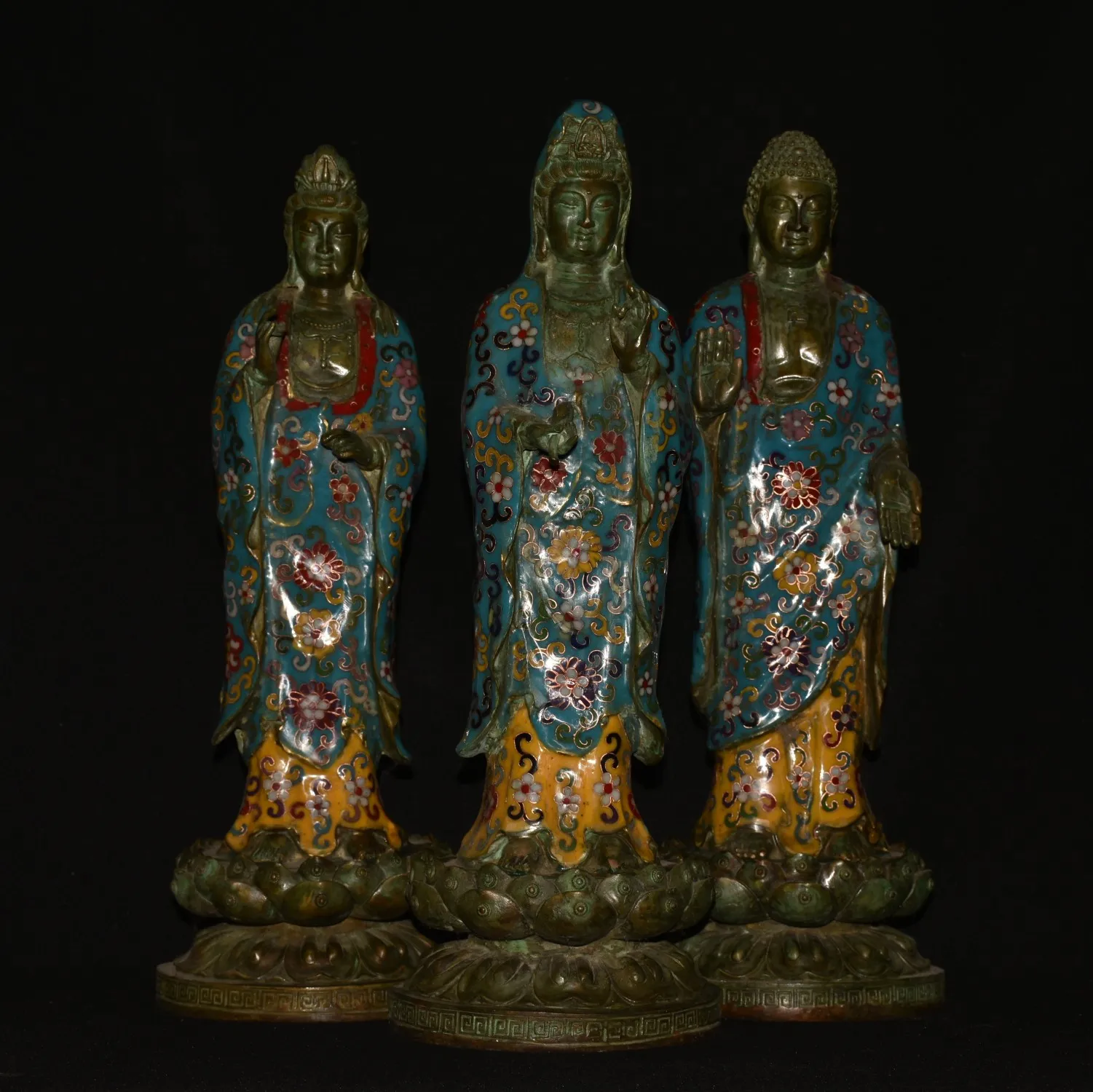 

18-дюймовая старая бронзовая перегородчатая эмаль в стиле вестерн, три святых, Будда, Гуаньинь, платформа лотоса, зал поклонения, городской дом