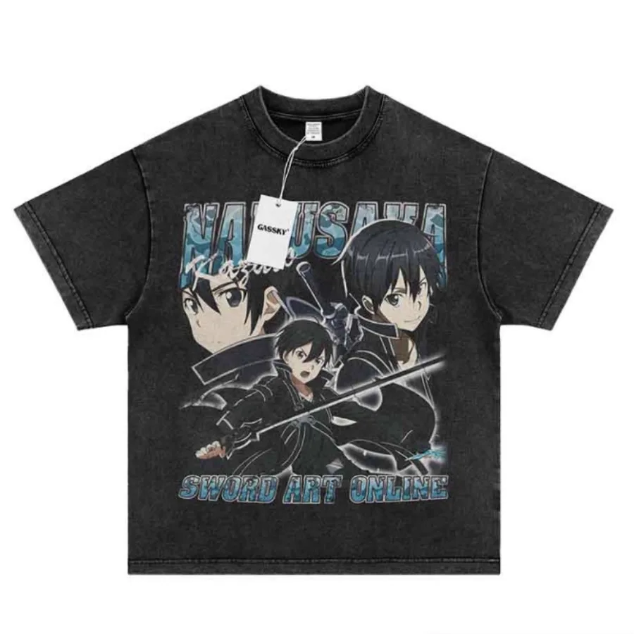 Anime SAO Sword Art Online Kirigaya Kazuto Yuuki Asuna Oversized T Shirt Men's Vintage Wash Short Sleeve Hip Hop Tee Shirt Homme