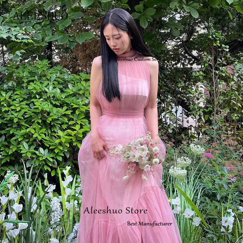 Aleeshuo Korea Pink A-Line Prom Dresses Sleeveless High Neck Formal Prom Illusion Floor-Length Party Gowns Evening Gown 2024