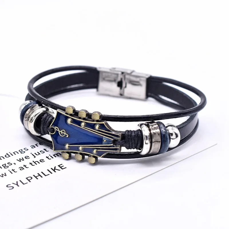 Punk Music Festival Zinc Alloy Guitar Stainless Steel Buckle Flag Color Leather Weaved Bracelet for Women Men Gift