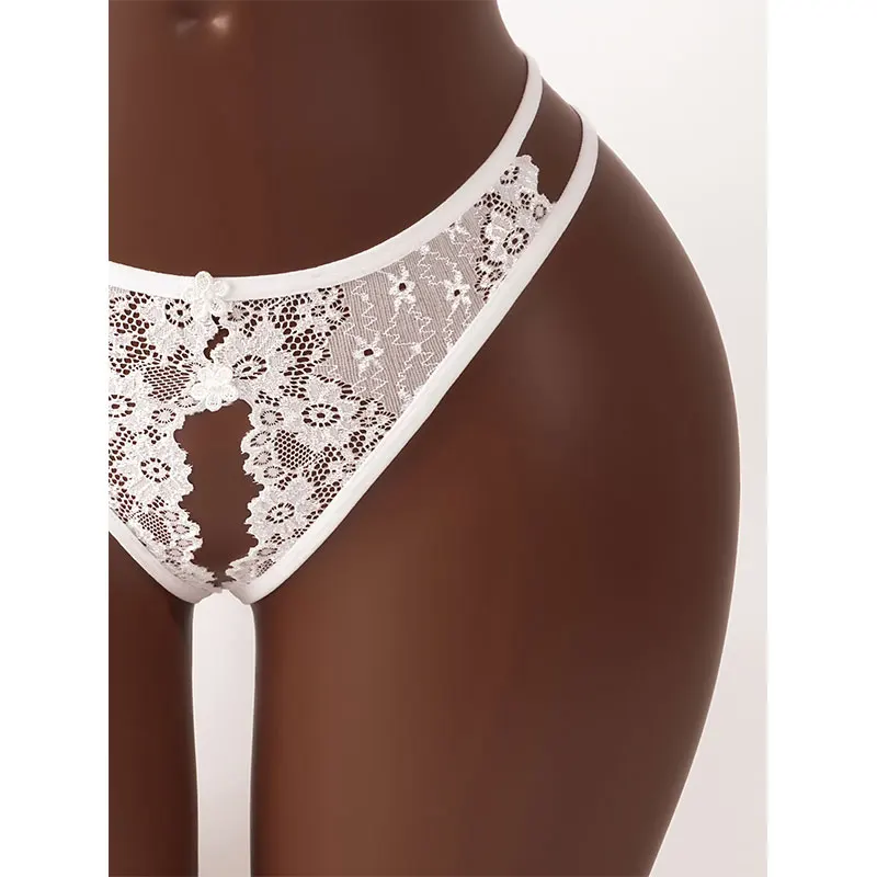 Lace Floral Thong Women Underwear Erotic Open Crotch Briefs White Embroidered Panties Sexy Lingerie Soft Spaghetti Strap Panties