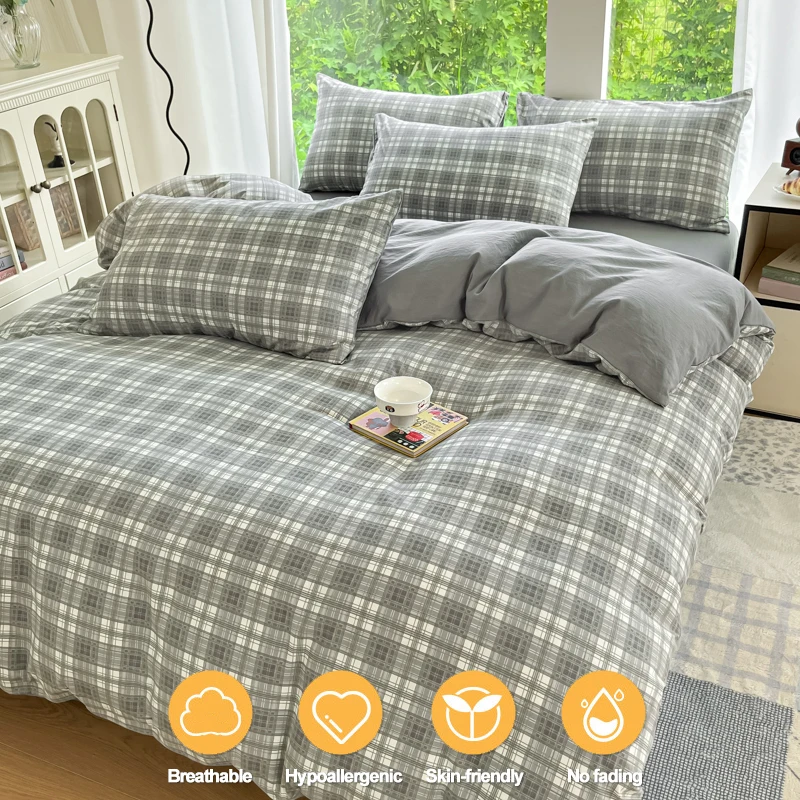 Soft Cloud-Like Plaid Duvet Cover Set Bedding Set with 2 Pillowcases, Breathable Lightweight Easy Care & Wrinkle Resistant