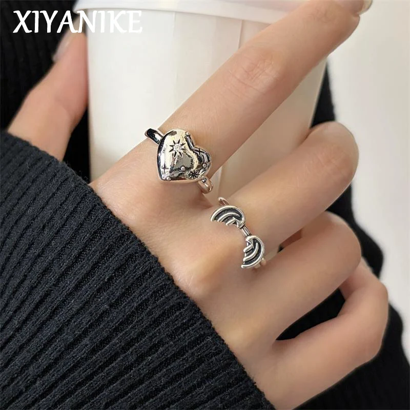 XIYANIKE Vintage Sweet Heart Angel Wings Adjustable Finger Rings For Women Girl Fashion New Year Jewelry Gift Party Anillos