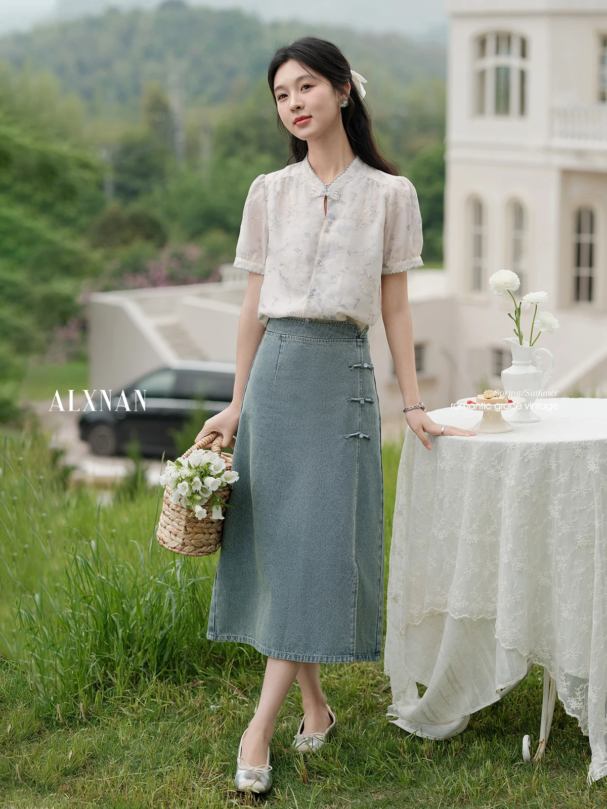 

ALXNAN Blue Denim Skirt Elegant Long A-line Straight Slit Women's Skirt 2025 Autumn Cotton Casual Midi Ladies Clothing L55656