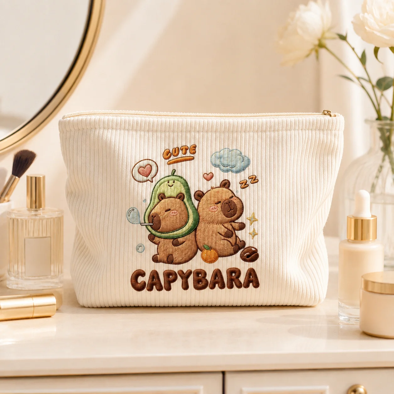 Cosmetic Bag Cute Capybara Corduroy Makeup Bag Large Capacity Zipper Pouch for Women Travel Toiletry Organizer Beauty Storage