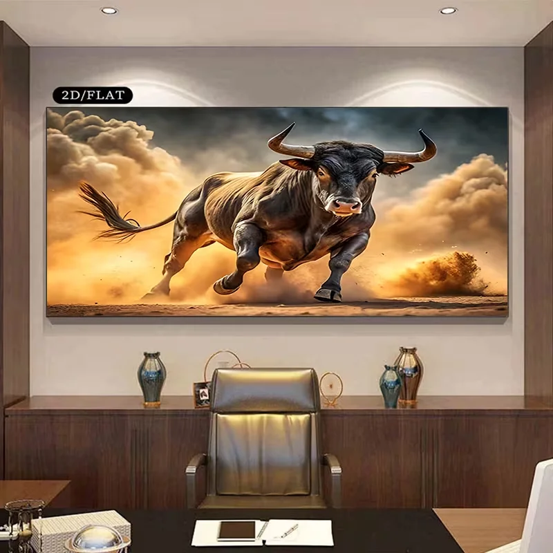 2D Flat, 2D Flat, A Depiction of a Running Bull, Showcasing Its Strong Physique As It Gallops Through Swirling Dust. This Large