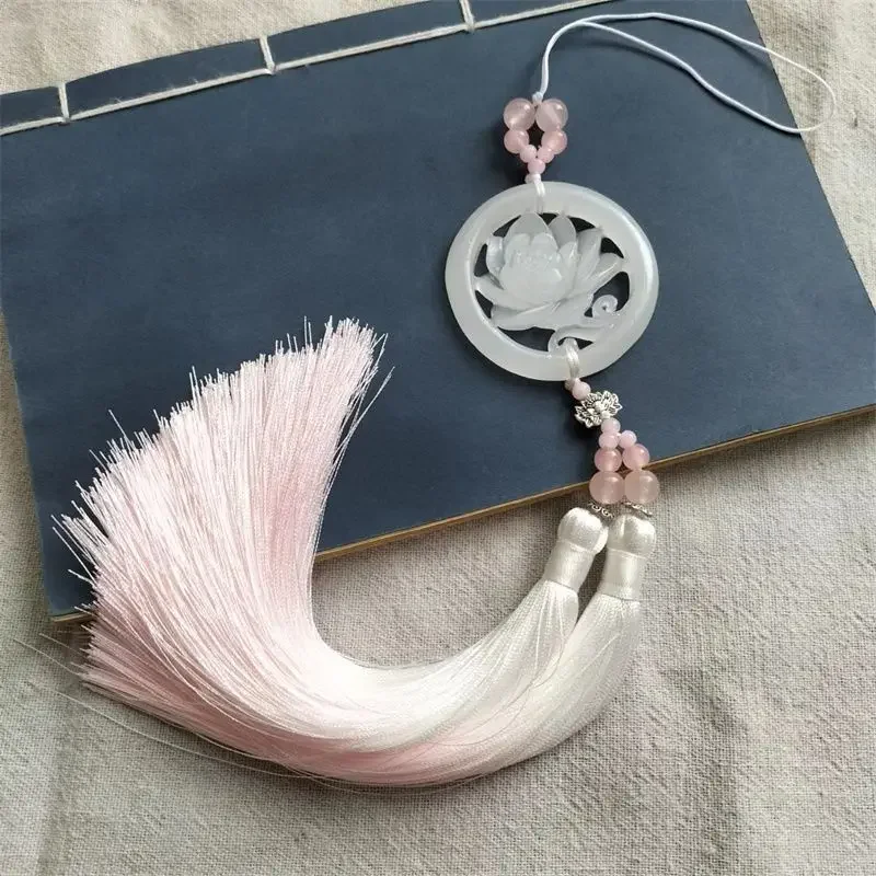 Tassel Handmade White Jade Hollow Lotus Jade Pendant Key Tassels Fringe Antiquity Keychain Hanfu Pendant Quality Accessorie Gift