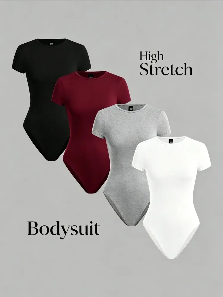 2026 Classic High Stretch Short Sleeve Round Neck Short Sleeve Bodysuit Slim Fit Basic T-Shirt Leotard Casual Sexy Clubwear Top