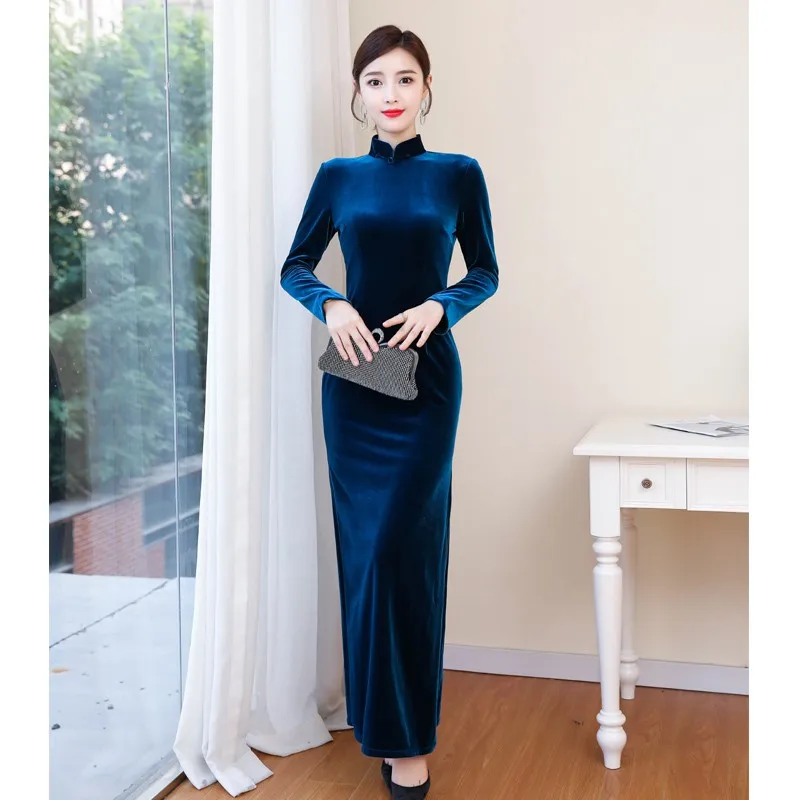 

Улучшенное пошитие, длинный рукав, черное бархатное ципао, элегантное, стройнящее, для повседневной носки, в винтажном стиле, с прямым воротником