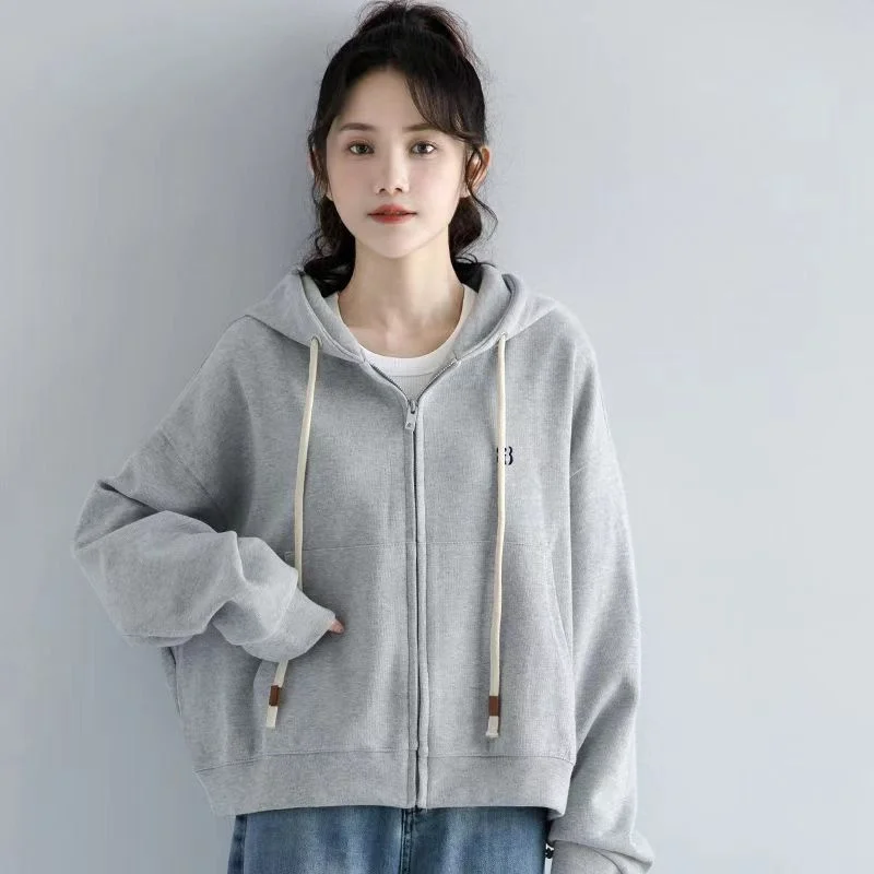 Grey Hooded Spring And Autumn 2025 New Fashion Hoodie Female Winter Plus Fleece Loose Zipper Cardigan Coat Casual Short Top