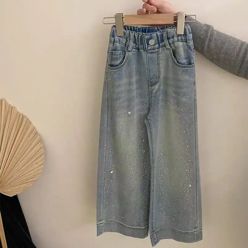 Girls' Summer Korean Edition Set Lace Fake Two piece Short sleeved T-shirt New Middle and Large Children's Loose Cowboy Pants 5