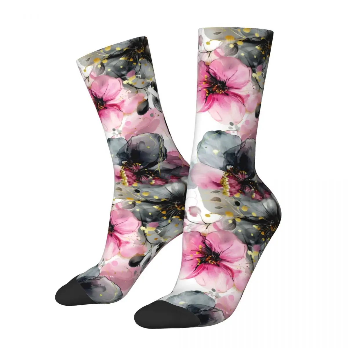 Black Pink Ink and Wash Flowers Socks Male Mens Women Summer Stockings Polyester